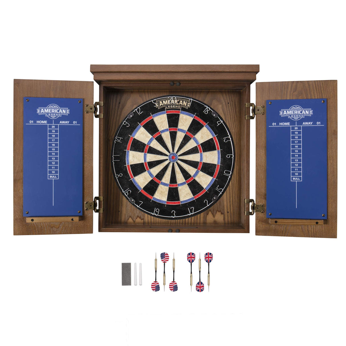 American Legend Charleston Solid Wood Bristle Dartboard Cabinet Set - Includes 18” dartboard and 6 steel tip darts American Legend