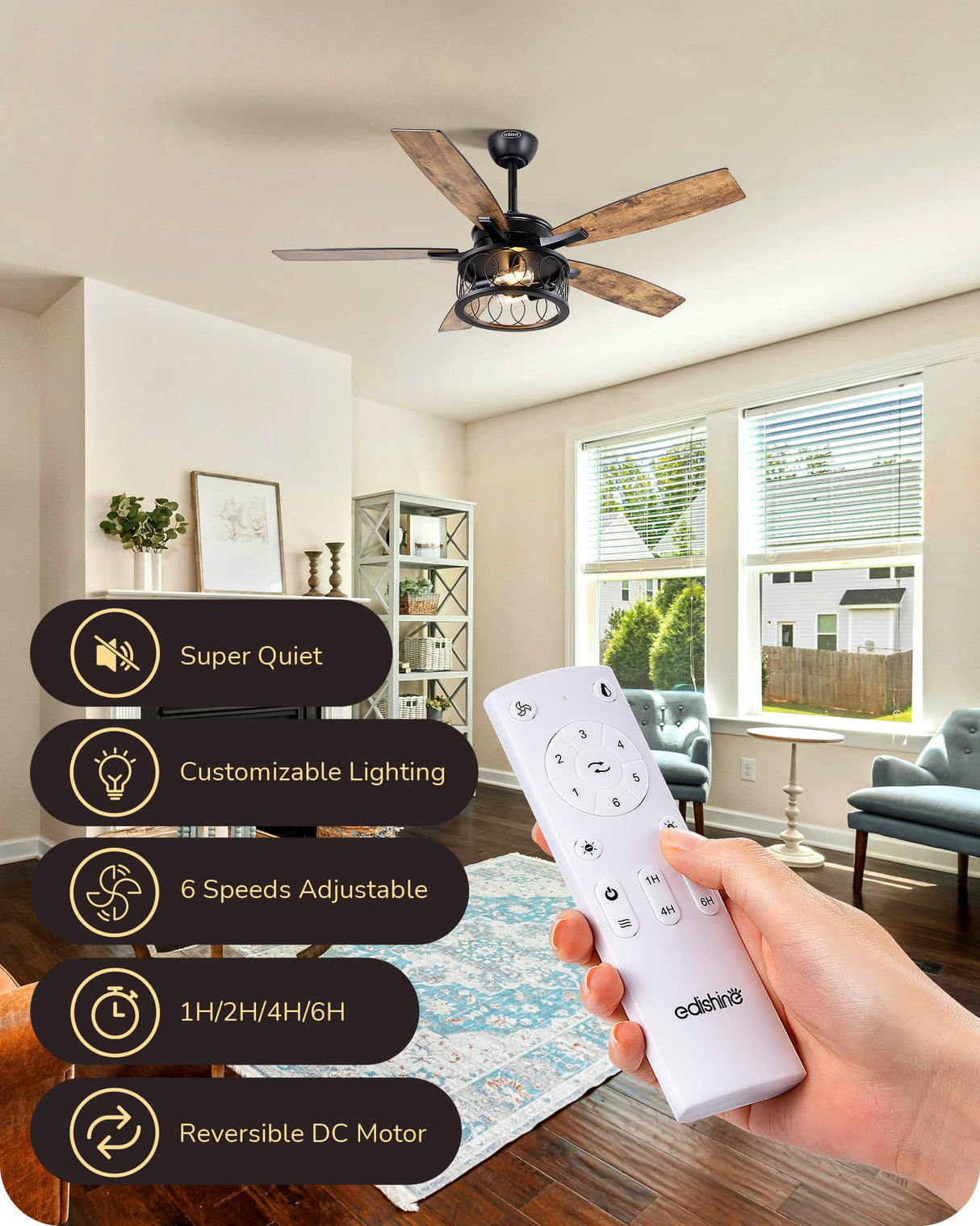 EDISHINE 52 Inch Farmhouse Ceiling Fans with Lights, Rustic Ceiling Fan with Light and Remote, 5 Wooden Blades Lighting & Ceiling Fans with Timer, 6 Speeds Reversible DC Motor for Bedroom Patio Porch EDISHINE