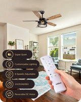 EDISHINE 52 Inch Farmhouse Ceiling Fans with Lights, Rustic Ceiling Fan with Light and Remote, 5 Wooden Blades Lighting & Ceiling Fans with Timer, 6 Speeds Reversible DC Motor for Bedroom Patio Porch EDISHINE