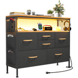 YILQQPER Dresser for Bedroom TV Stand with Power Outlets and LED Light, 6 Drawers Dresser with Side Pockets & Hooks, Wide Dresser with Shelves for 45" TV, Fabric Chest of Drawers, Black YILQQPER