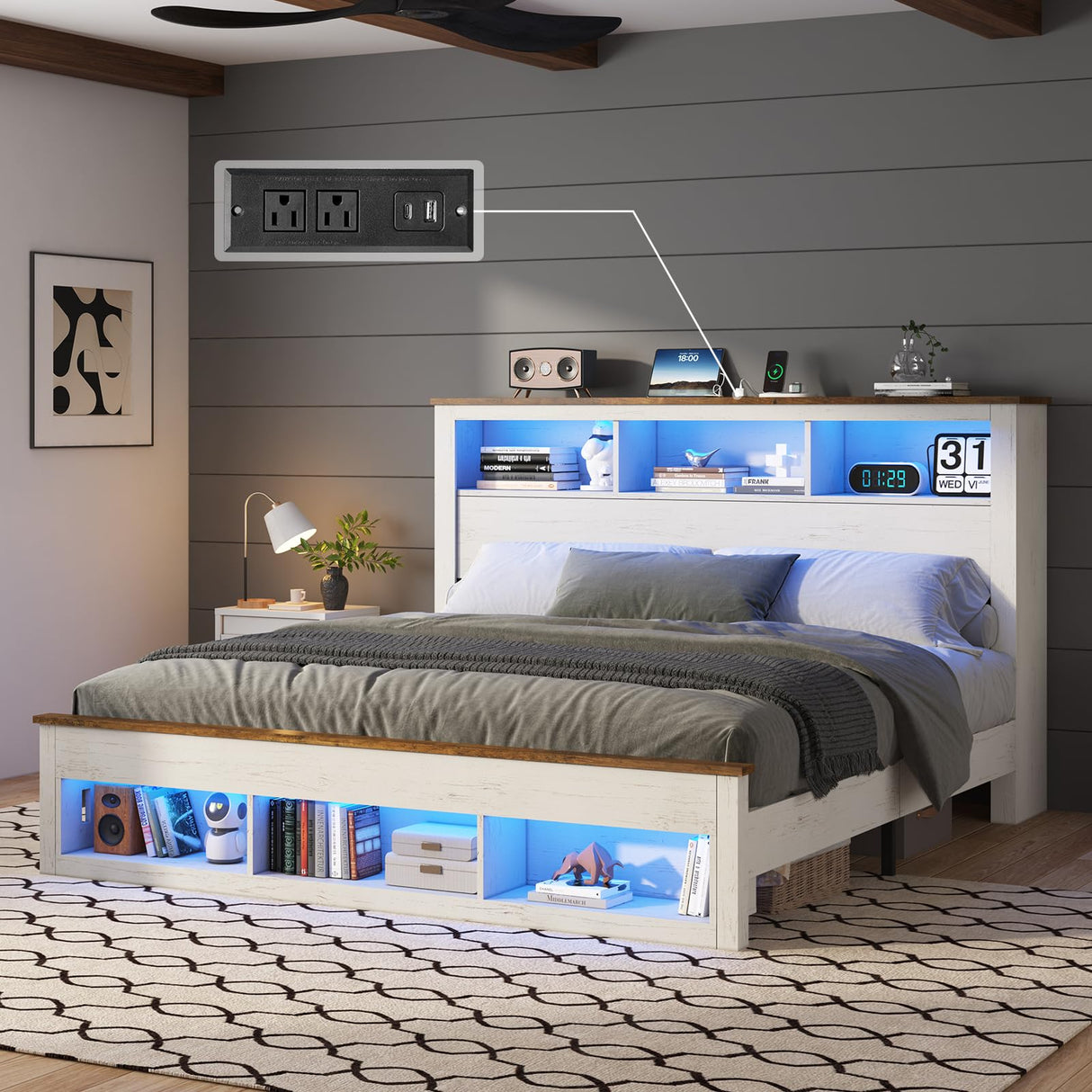 LUXOAK King Size Bed Frame with Bookcase Storage Headboard & Footboard, Farmhouse Wood Platform Bed with LED Light & Charging Station, No Box Spring Needed, White LUXOAK