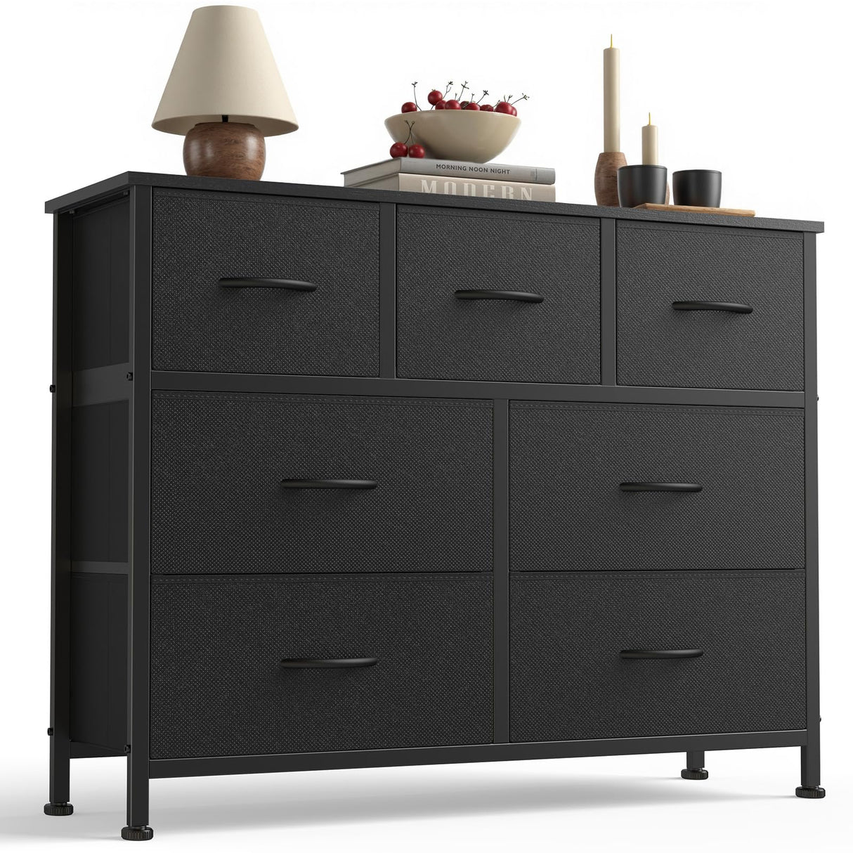 Sweetcrispy 7 Drawer Dresser with Fabric Bins Fabric Storage Tower Organizer for Bedroom Closet Hallway Entryway Tall Chest of Drawers with Steel Frame Wood Top Easy Pull Handles,Black Sweetcrispy
