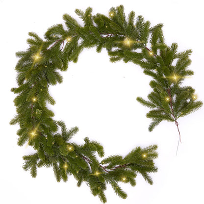 6FT Christmas Garland PARTY JOY Pine Garland with 9.8FT LED Lights String, Greenery Plant for Christmas Decorations Table Mantle Background Wall Room Outdoor Indoor Winter Decoration