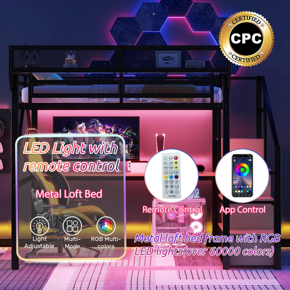 Metal Loft Bed with Desk and RGB LED Lights, Full Size Loft Bed with Stairs and Charging Station,Kids Loft Beds with Storage Shelves for Upper and Wardrobe,Loft Beds Frame for Kids Teens, Black Duxelifin