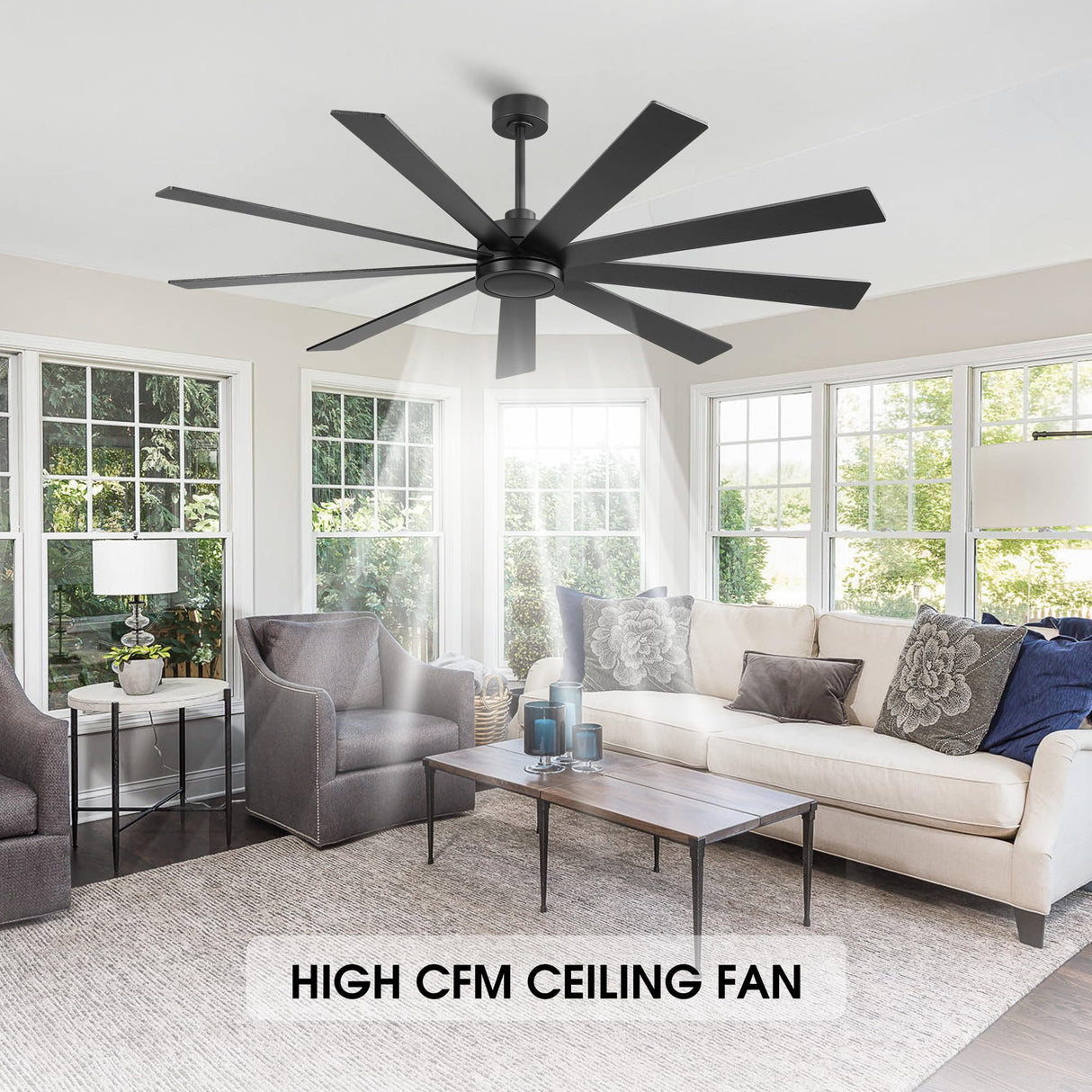ELEHINSER 72" Ceiling Fan No Light, 6-Speed Noiseless Reversible DC Motor, 9 Blades Black Industrial Ceiling Fan with Remote and 4.5"/12"/24" Downrods for Home or or Commercial Use ELEHINSER
