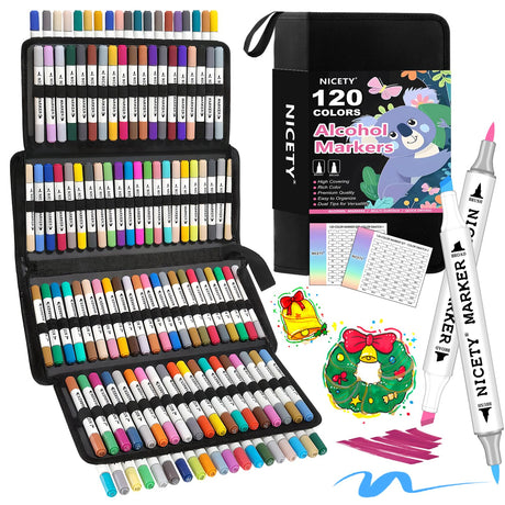 120 Colors Alcohol Markers Brush Tip Set, Dual Tip Art Marker Set Perfect for Coloring, Sketching, Drawing, Card Making and Illustration, Alcohol Based Markers Perfect for Artists Adults and Kids NICETY