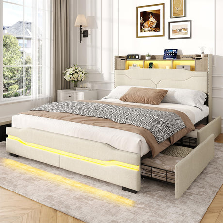 Maupvit Queen LED Bed Frame with Storage Headboard, 4 Storage Drawers & Charging Station, Metal Support Base, No Box Spring Needed, Beige Maupvit