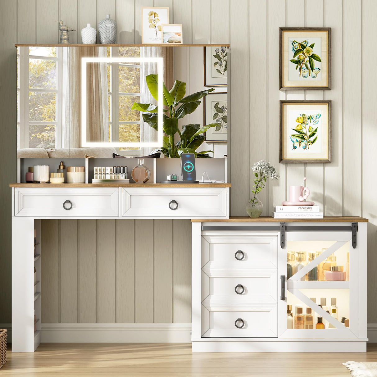 LVSOMT Vanity Desk with Mirror and Lights, Large Farmhouse Makeup Desk with 5 Drawers and Jewelry Storage, 60" Glass Top Dressing Table with Power Outlet & Adjustable Cabinet for Bedroom, White/Brown LVSOMT