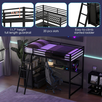 SOFTSEA Twin Metal Loft Bed with Desk and Storage - Black - WoodArtSupply