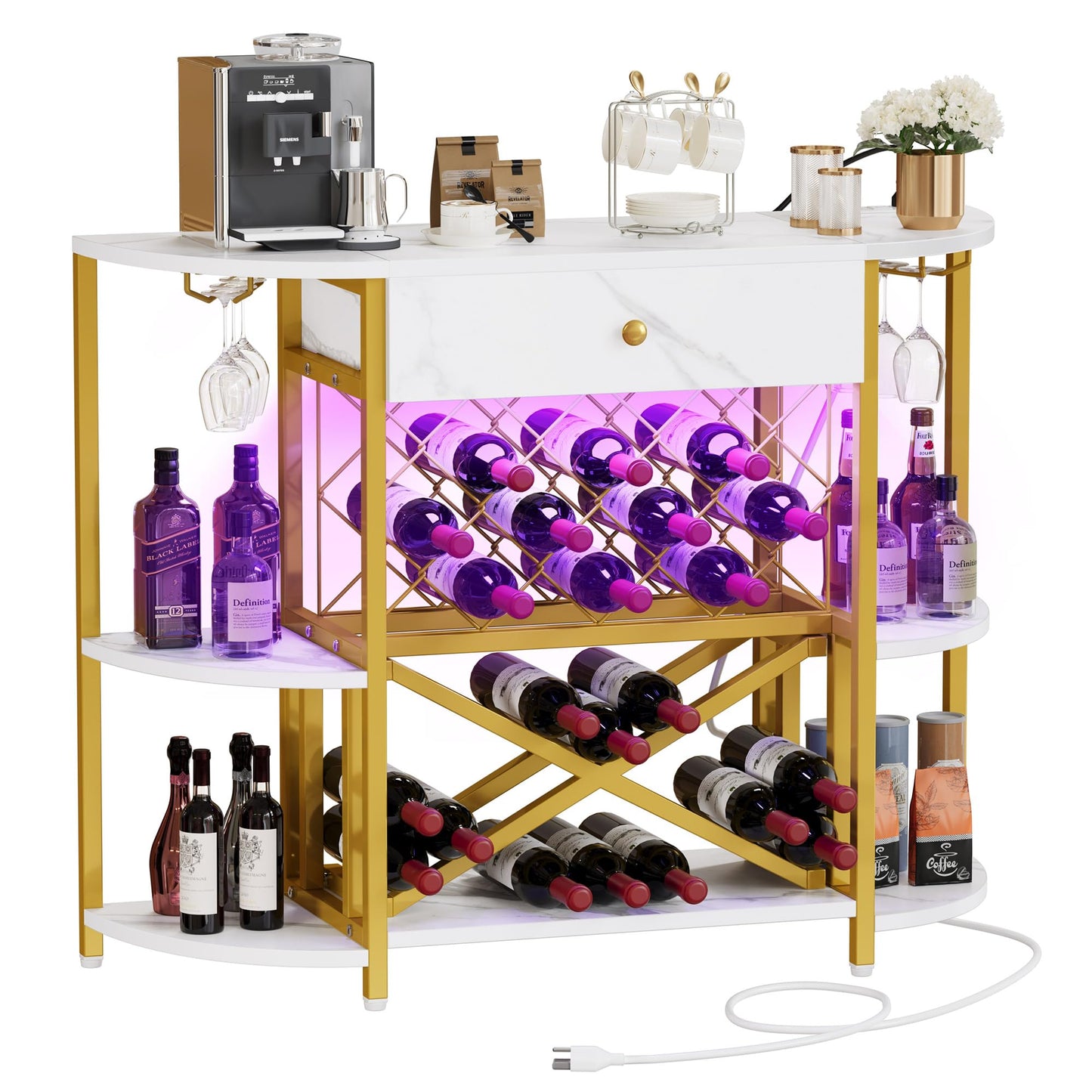 DWVO Wine Bar Cabinet w/Power Outlets, LED Home Mini Coffee Bar Table, Metal Kitchen Liquor Cabinet Stand with 4-Tier Storage Shelves and Drawer, Wine Racks and Glass Holders, White & Gold