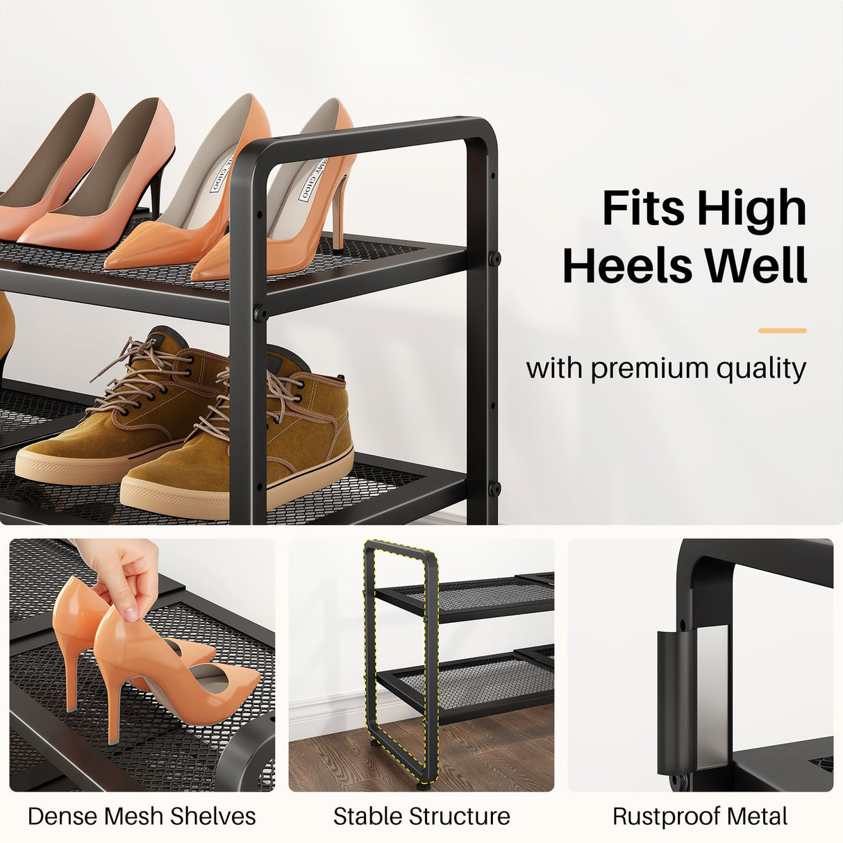 Shoe Rack - Expandable Shoe Organizer for Closet, Adjustable Metal Shoe Shelf Storage, 2 Tier Stackable Long Shoe Stand Holder for Garage, Entryway, Door Entrance, Black SNTD