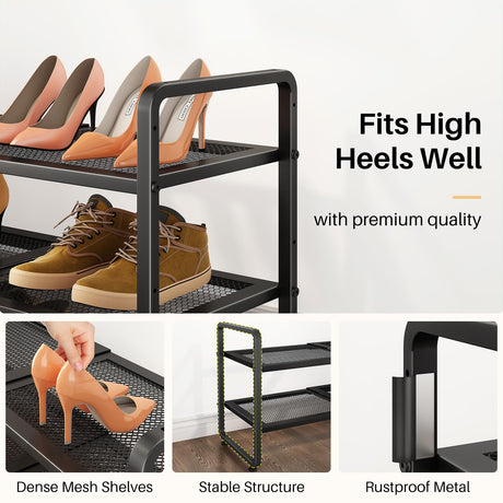 Shoe Rack - Expandable Shoe Organizer for Closet, Adjustable Metal Shoe Shelf Storage, 2 Tier Stackable Long Shoe Stand Holder for Garage, Entryway, Door Entrance, Black SNTD