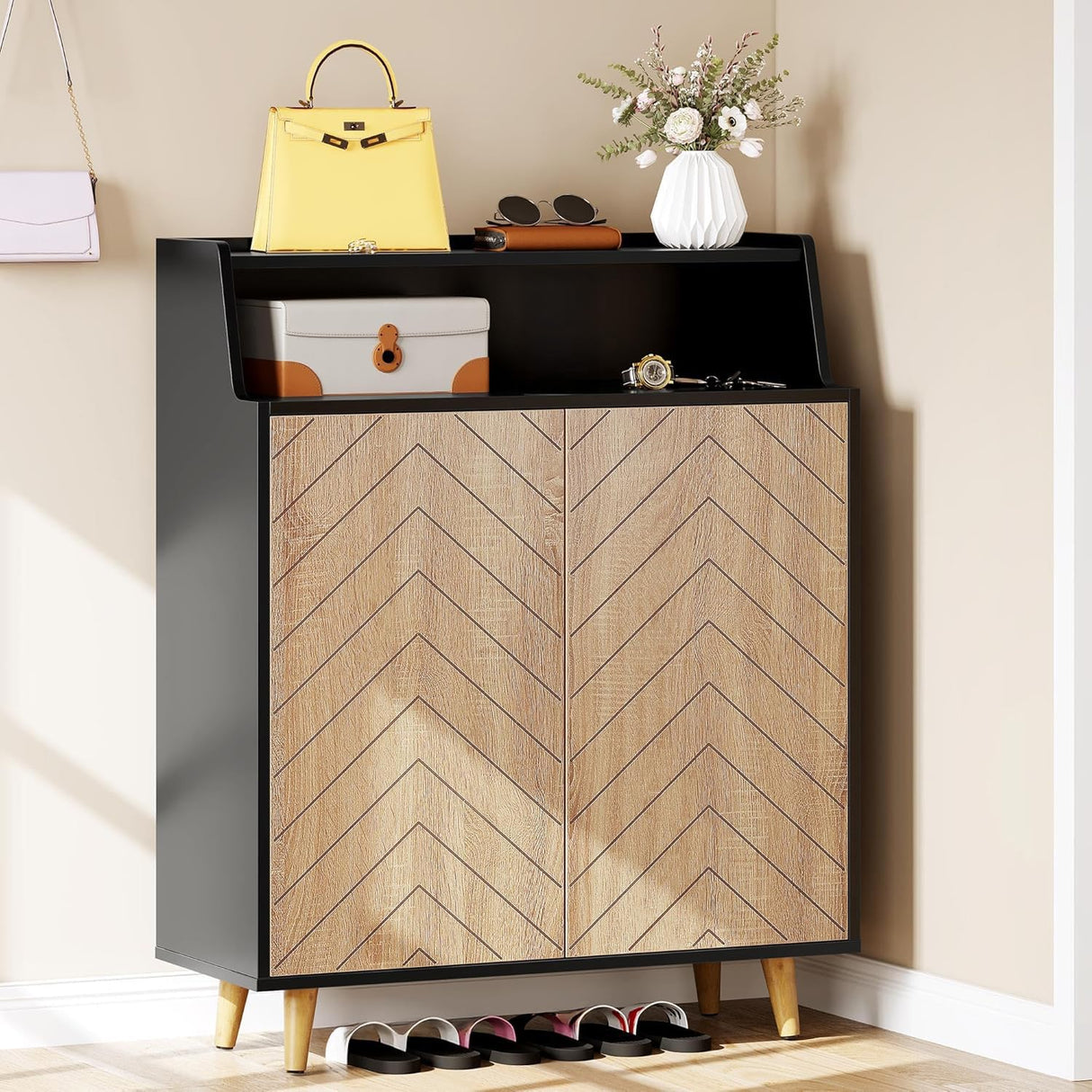 YITAHOME Shoe Cabinet with Doors, 5-Tier Shoe Storage Cabinet with Open Shelves, Large Capacity Wooden Shoes Rack Organizer with Pine Wood Legs for Entryway/Hallway/Closet YITAHOME