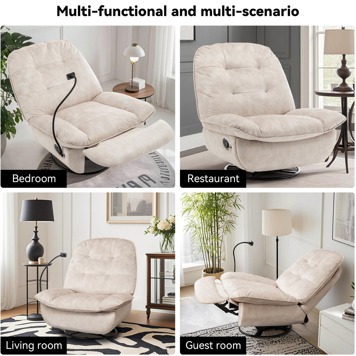 LEHZROAJ Swivel Rocker Recliner Chair for Adult, Power Glider Nursery Rocking Chair, Armless Single Recliner Sofa for Living Room, Oversized & Overstuffed, Phone Holder Included, White LEHZROAJ