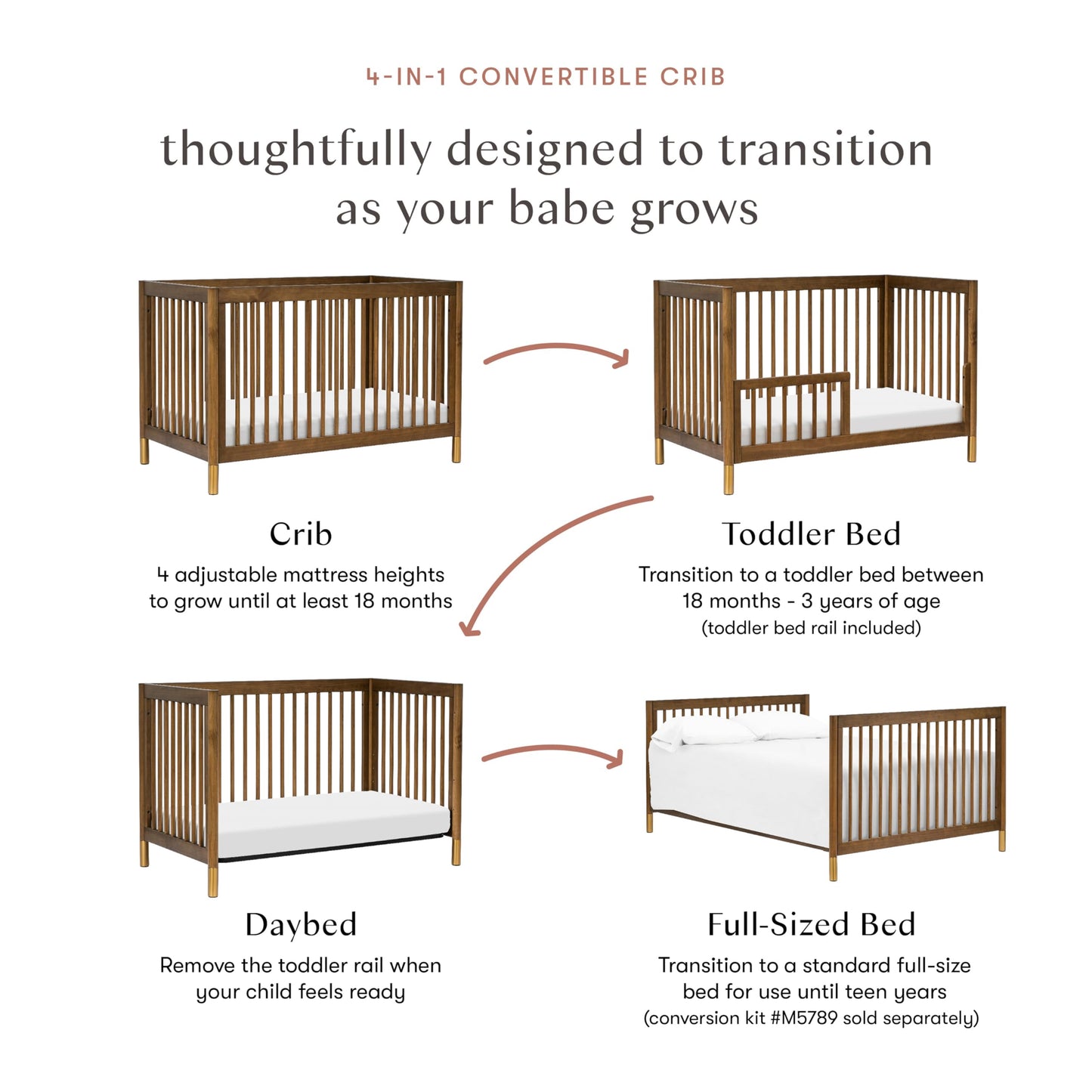 Babyletto Gelato 4-in-1 Convertible Crib with Toddler Bed Conversion in Natural Walnut and Brushed Gold Feet, Greenguard Gold Certified