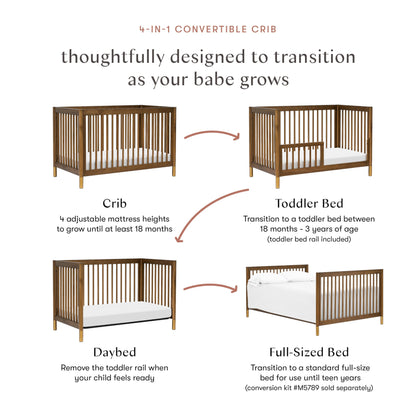 Babyletto Gelato 4-in-1 Convertible Crib with Toddler Bed Conversion in Natural Walnut and Brushed Gold Feet, Greenguard Gold Certified