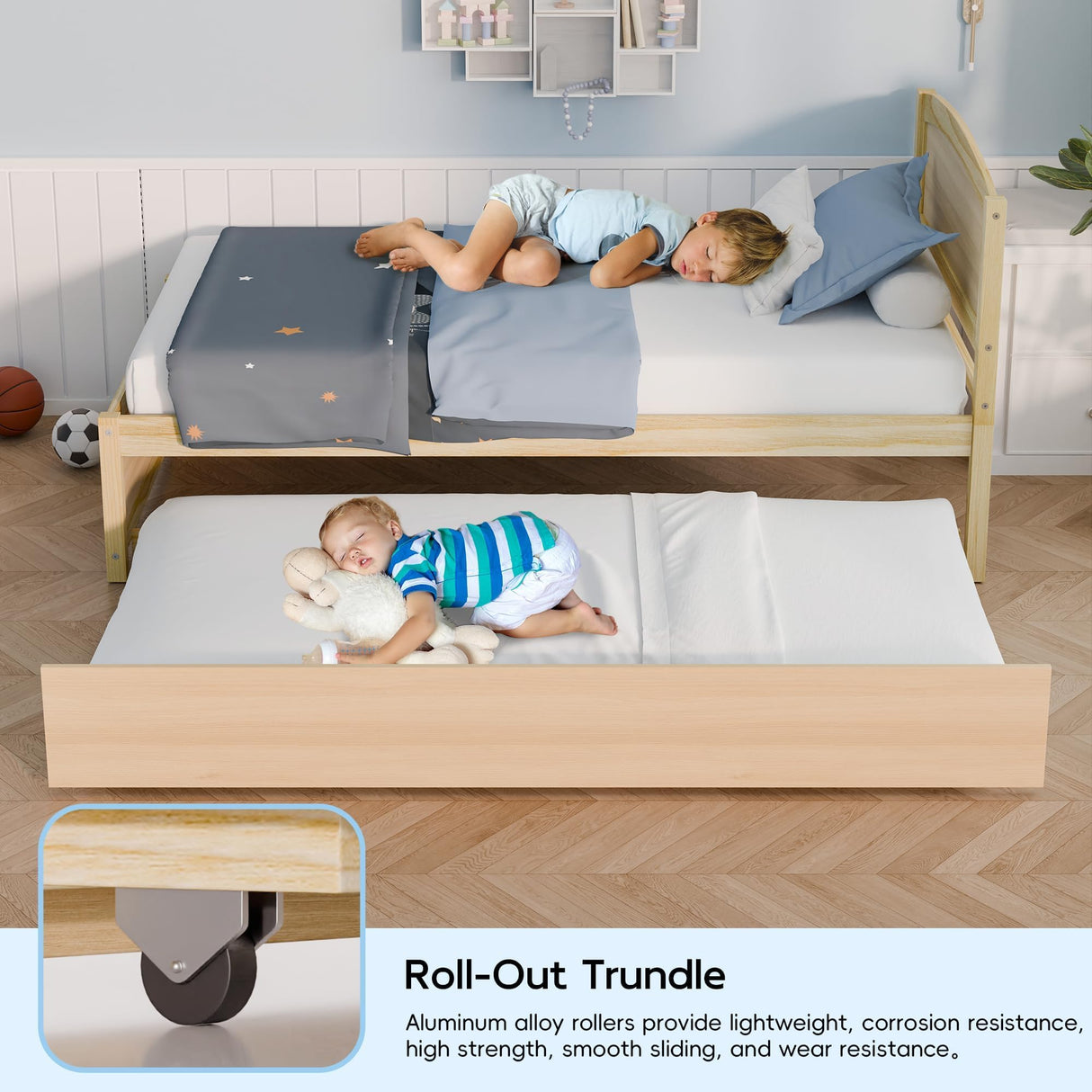 TOLEAD Daybed with Trundle, Twin Size Pull Out Bed, Solid Wood Extendable Day Bed with Trundle, Include Slat Support (Natural, Trundle) TOLEAD