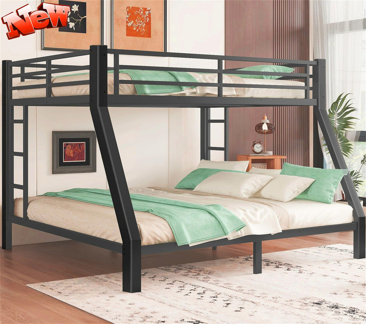 LEEKOUS Queen Over King Size Industrial Metal Bunk Bed Frame with Ladder, 700lbs Upper/800lbs Lower Weight Capacity, Easy Assembly, Black LEEKOUS