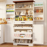 IRONCK Farmhouse Kitchen Pantry Cabinet, 72" Height Tall Freestanding Cupboard with Sliding Storage Rack and 6 Hanging Shelves for Kitchen, Dining Room, White IRONCK