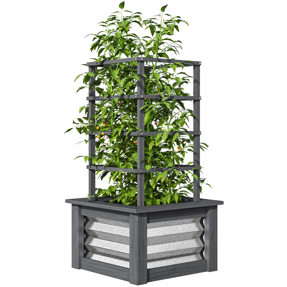 Outsunny Raised Garden Bed with Trellis, Wooden Planter Box with Galvanized Steel Sides, Raised Flower Bed for Climbing Plants, Flowers, Fruits and Vegetables, Gray Outsunny