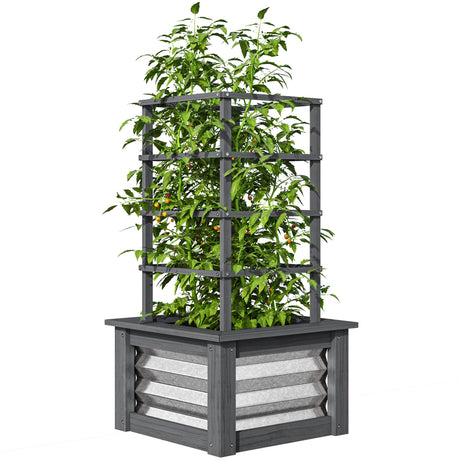 Outsunny Raised Garden Bed with Trellis, Wooden Planter Box with Galvanized Steel Sides, Raised Flower Bed for Climbing Plants, Flowers, Fruits and Vegetables, Gray Outsunny