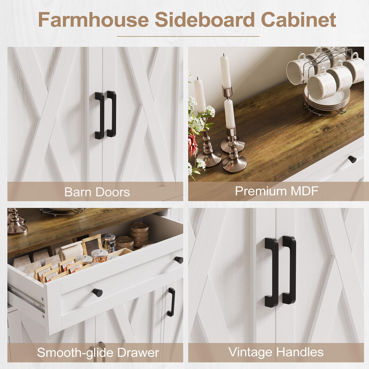 Buffet Cabinet with Storage, 55" Large Sideboard Storage Cabinet with Drawer, 4 Doors and Shelves, Modern Farmhouse Coffee Bar Table Kitchen Island Credenza for Kitchen, Entryway, Dining, Living Room Vividwood