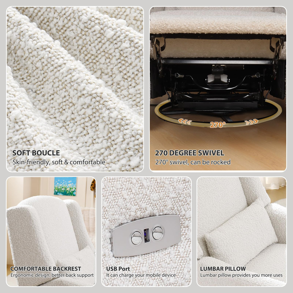 SENYUN Power Recliner Chair Swivel Glider, Large Rocker Recliner w/USB Charging Port, Boucle Upholstered Swivel Rocker Glider Recliner for Nursery,Bedroom,Living Room, 1PC, Cream SENYUN