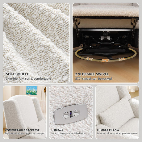 SENYUN Power Recliner Chair Swivel Glider, Large Rocker Recliner w/USB Charging Port, Boucle Upholstered Swivel Rocker Glider Recliner for Nursery,Bedroom,Living Room, 1PC, Cream SENYUN