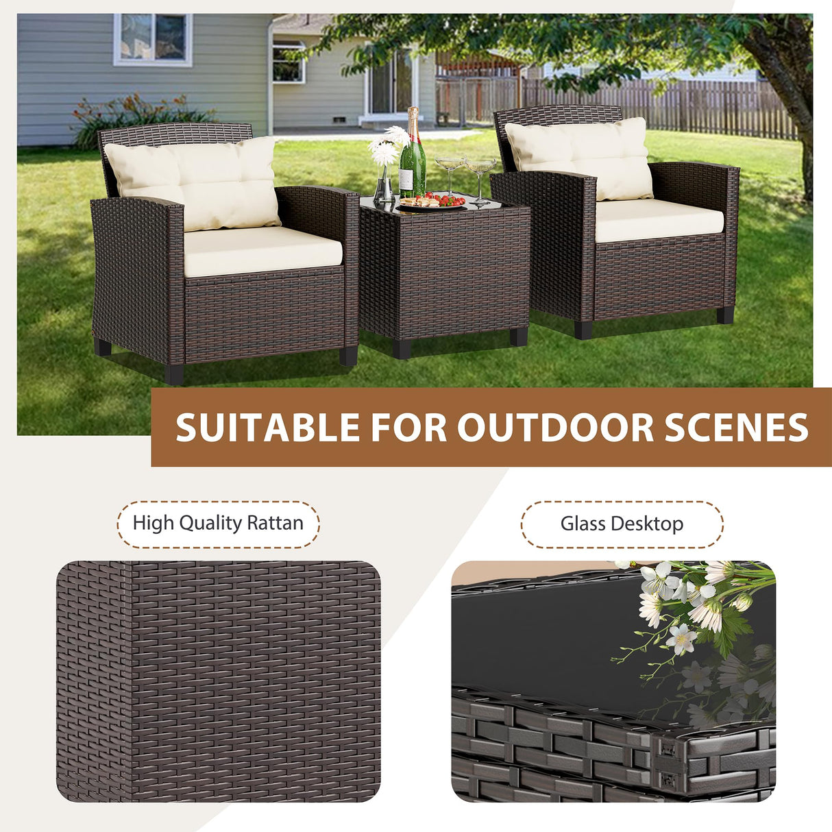 JAMFLY 3 Pieces Wicker Patio Furniture Set Outdoor, Wicker Chairs Conversation Set Small Patio Furniture for Apartment Balcony Bistro, Beige JAMFLY