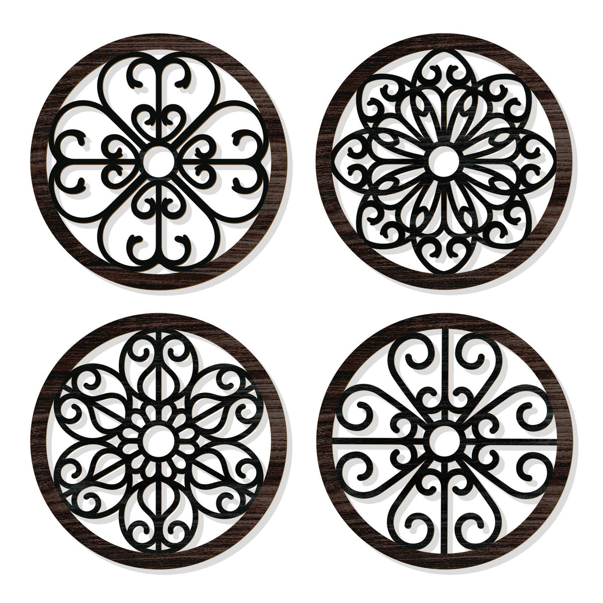 Zzbakress 4 Pcs Wooden Grainy Rustic Wall Art Farmhouse Wall Decor Wooden Exquisite Hollow Pattern Wall Decor Elegant Round Wall Art for Living Room Dinner Room Kitchen Bedroom Hallway (Black, Rustic) Zzbakress