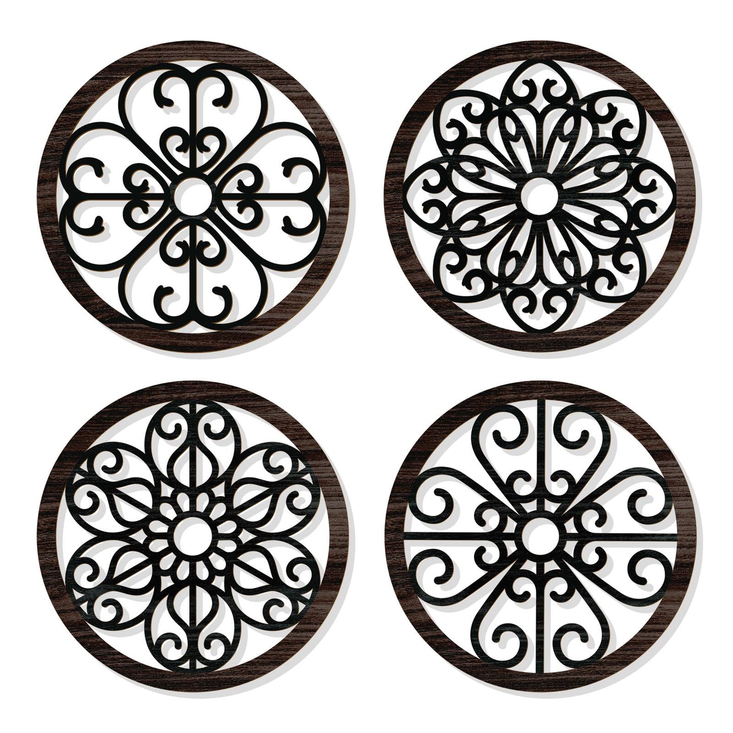 Zzbakress 4 Pcs Wooden Grainy Rustic Wall Art Farmhouse Wall Decor Wooden Exquisite Hollow Pattern Wall Decor Elegant Round Wall Art for Living Room Dinner Room Kitchen Bedroom Hallway (Black, Rustic)