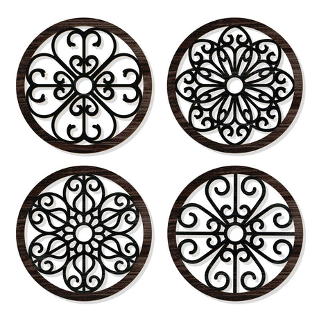 Zzbakress 4 Pcs Wooden Grainy Rustic Wall Art Farmhouse Wall Decor Wooden Exquisite Hollow Pattern Wall Decor Elegant Round Wall Art for Living Room Dinner Room Kitchen Bedroom Hallway (Black, Rustic) Zzbakress