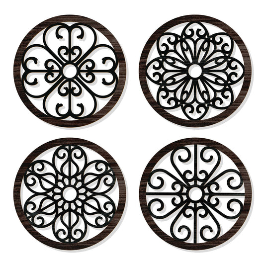 Zzbakress 4 Pcs Wooden Grainy Rustic Wall Art Farmhouse Wall Decor Wooden Exquisite Hollow Pattern Wall Decor Elegant Round Wall Art for Living Room Dinner Room Kitchen Bedroom Hallway (Black, Rustic)