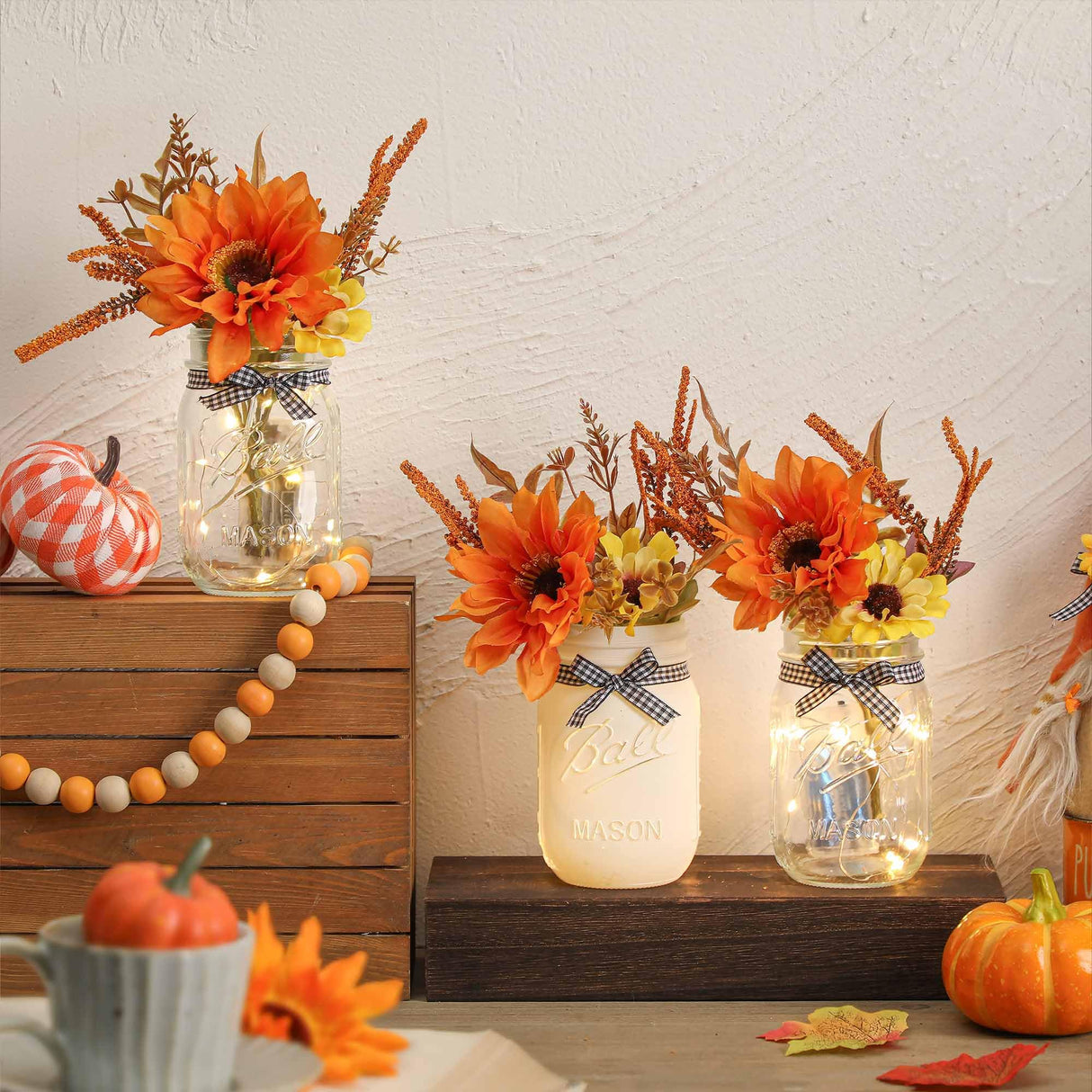 Thanksgiving Mason Jar Centerpiece for Table with LED Lights & Artificial Flowers, Set of 3 Mason Jars Farmhouse Painted Decorative Jars for Fall Home Decor Kitchen Table Centerpiece SUPREME LIGHTS ·2017·