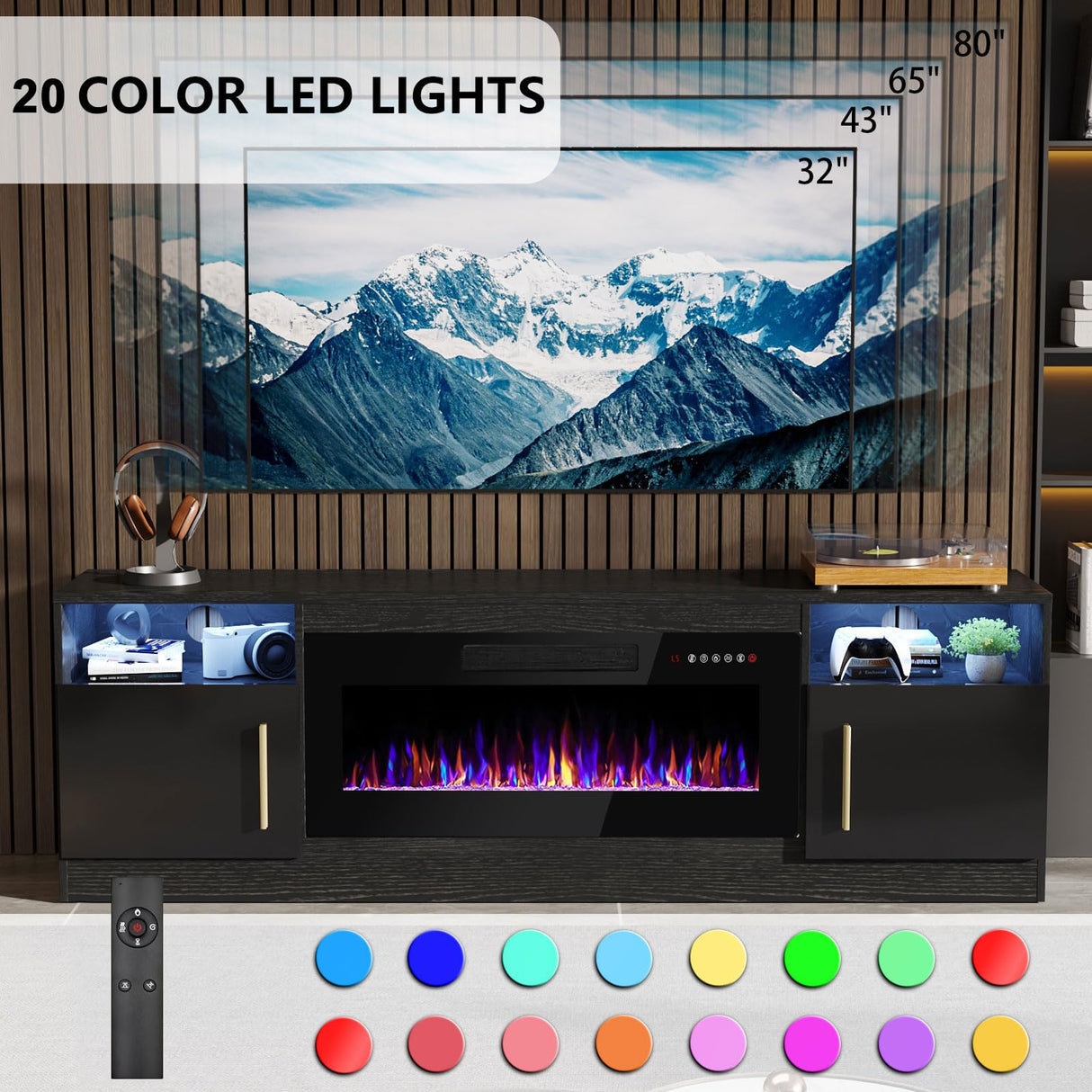 PRETZI Fireplace TV Stand with 36" Fireplace Up to 80" TVs,70" Entertainment Center with LED Lights,Remote Control,TV Media Console with Storage Cabinets for Living Room, Black PRETZI