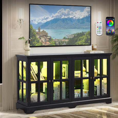 59" W LED Curio Cabinet with 7 Color Lights, Vintage Glass Display Case with Glass Doors, Smartphone-Controlled, Short Wooden China Cabinet with Adjustable Shelves for Living Room, Entryway (Black) CKEASEAN