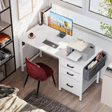 Casaottima 40-Inch Small Computer Desk with Fabric Drawers & File Cabinet, Home Office Desk with Cloth Storage Bag and Hook, Writing Study Work Table for Small Space, Vanity Desk for Bedroom, White Casaottima