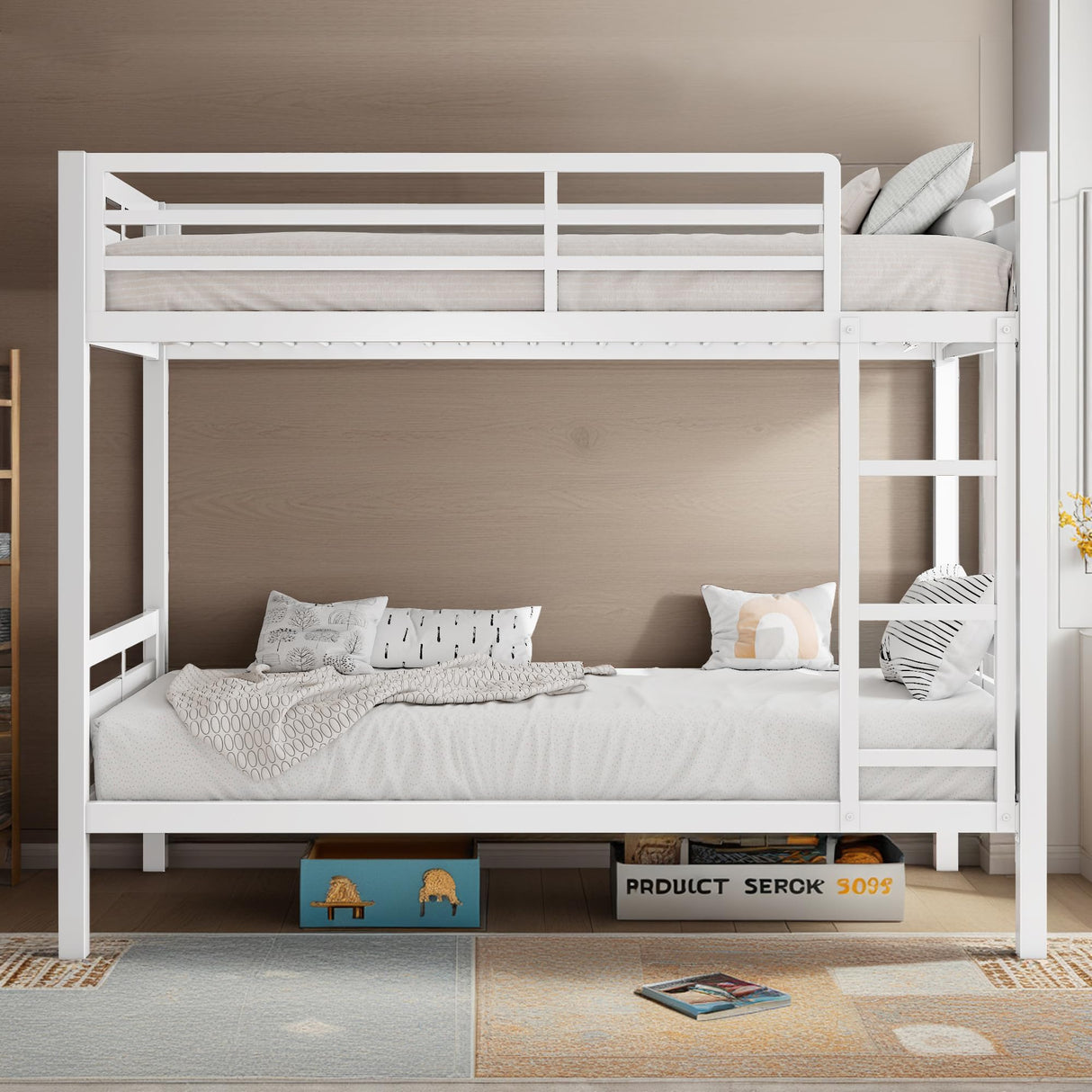 nesture. Bunk Bed Twin Over Twin, Heavy Duty Metal Bunkbeds with Ladder and Full-Length Guardrail, Space-Saving Steel Bed for Kids & Adults, No Box Spring Required, White nesture.