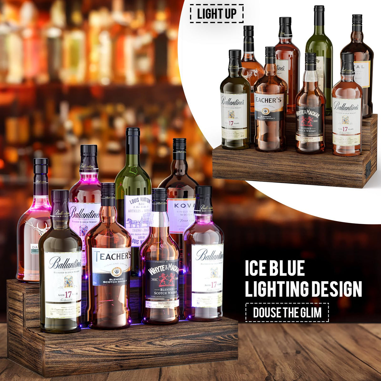 TIRYIUOU LED Lighted Bottle Display Shelf, 2 Pack Bar Shelf, Tabletop Wine Rack, Coffee Syrup Organizer, Home Bar Stand for Liquor Bottles, Mini Bar TIRYIUOU