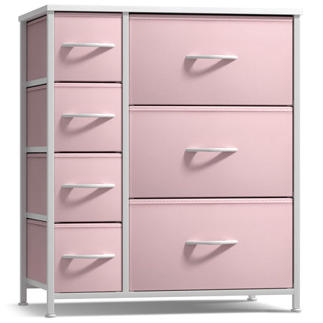 Sorbus Dresser with 7 Drawers - Furniture Storage Chest for Kid’s, Teens, Bedroom, Nursery, Playroom, Clothes, Toys - Steel Frame, Wood Top, Tie-dye Fabric Bins (7-Drawer, Pastel Pink) Sorbus
