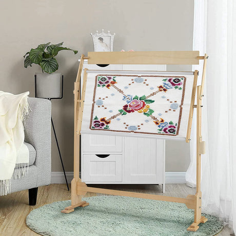 Cross Stitch Frame Wooden Embroidery Floor Stand 360° Rotation Needlework Stand Frame Holder Lap Hands Stand with Adjustable Frame 75 x 40cm Greensen