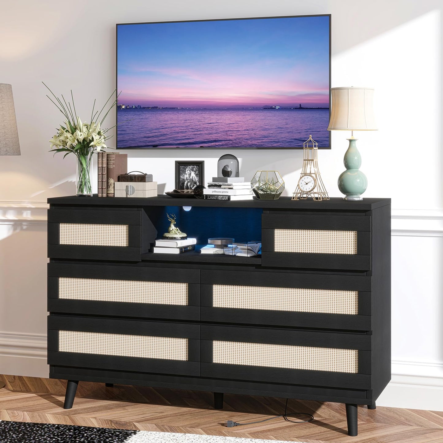 GarveeHome Natural Rattan Dresser for Bedroom with LED Light and Charging Station, 6 Drawer Double Dressers, Modern Wooden Dresser Chest, Beside Table for Closet, Nursery, Living Room, Black