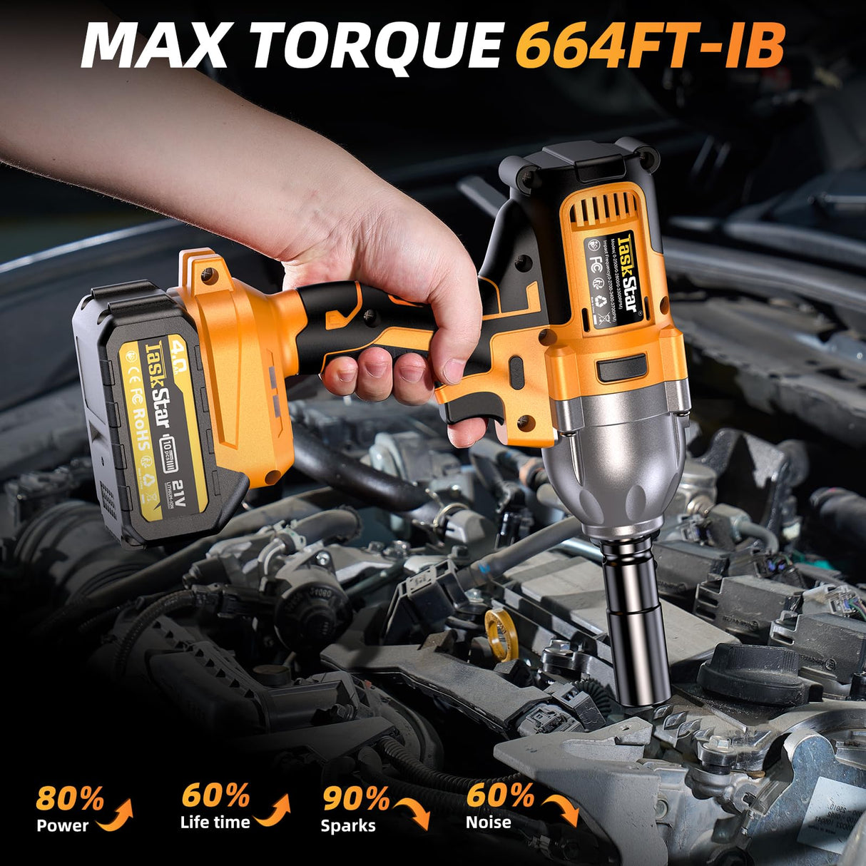 TaskStar Cordless Impact Wrench 1/2 Inch, 900N.m(664ft-lbs) High Torque Brushless Power Impact Gun, 21V 3300RPM Electric Impact Driver with 2x4.0Ah Battery & Fast Charger for Car Tires Truck TaskStar