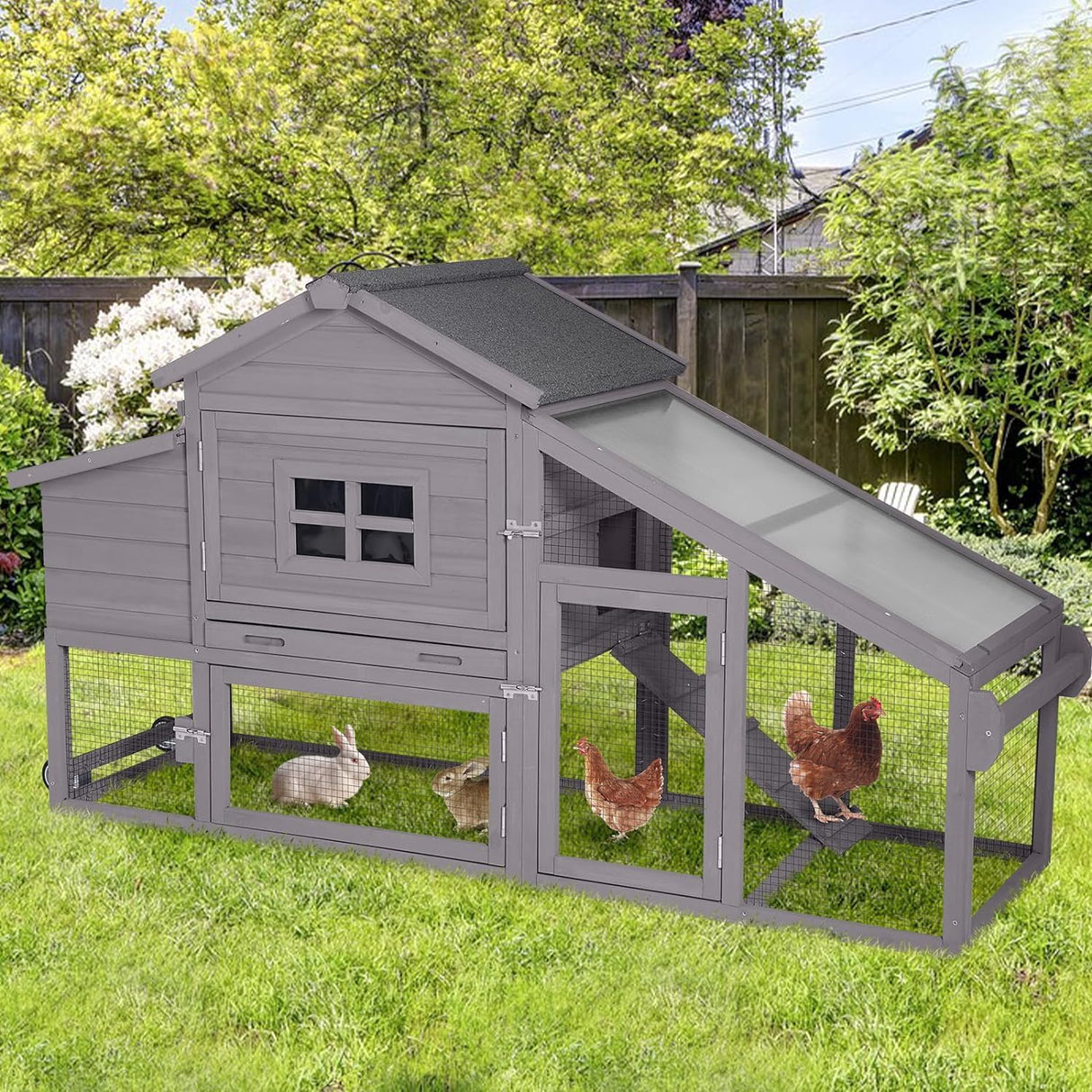 Chicken Coop for 4 Chickens, Mobile Chicken House with with Wheels, Outdoor Hen House Poultry Cage with Nesting Box, Leakproof Pull Out Tray and UV-Resistant Roof (67.3" L x 29" W x 39.4" H) Suumerpety