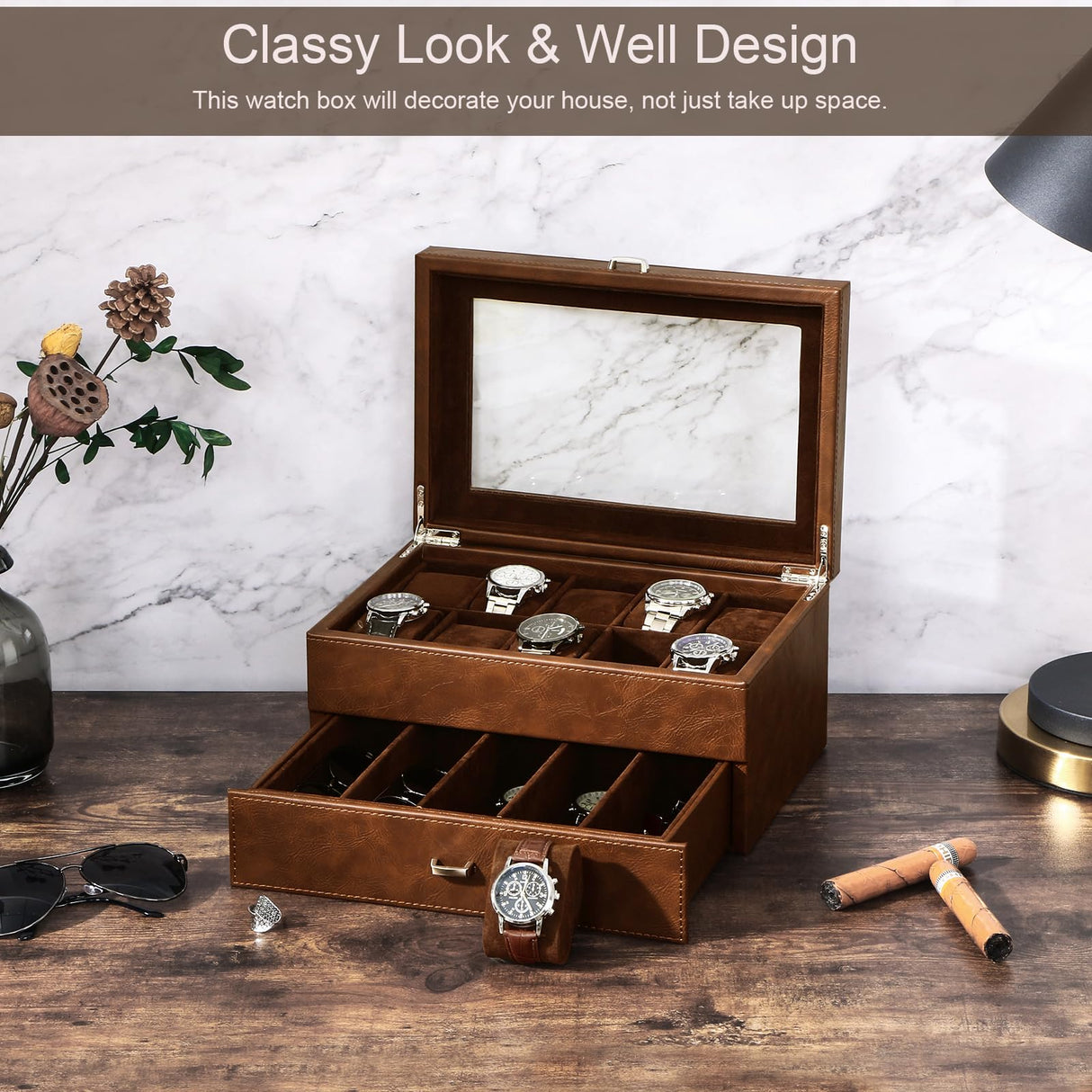 BEWISHOME Watch Box for Men Luxury Watch Case -10 Slots Watch Organizer with Drawer for Sunglass and Watch Storage, Large Glass Top, Faux Leather,Brown SSH34Z BEWISHOME