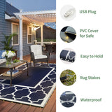 GENIMO 6' x 9' Outdoor Rug Waterproof for Patio Decor, Foldable Reversible Plastic Straw Area Rugs Mat with String Light, Led Carpet for Camper, Rv, Deck, Porch, Picnic, Beach, Balcony, Blue & White GENIMO