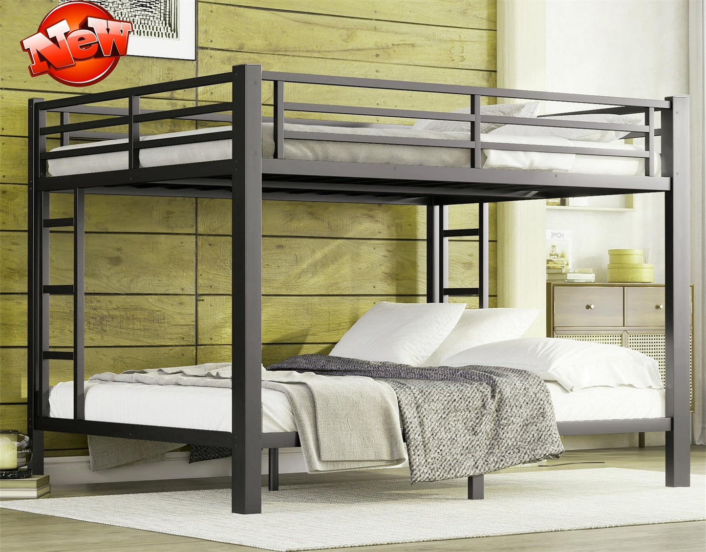 TIHWOALL Latest Upgrade & Stronger Steel Bunk Bed Queen Over Queen Size Bunkbed, Thickened Metal More Stable Heavy Duty Safer Bunk Queen Bed Frame (Easier Assembly)