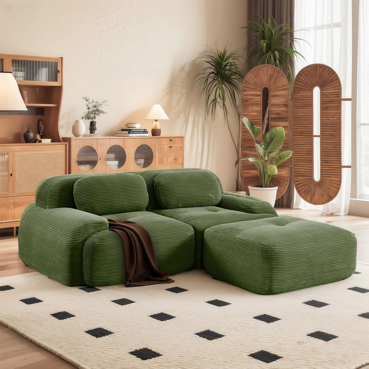 SoarFlash 81” Sectional Cloud Boneless Sofa Couches for Living Room-2 Seater L-Shaped Modern Lounge Couch-No Assembly Modular Corduroy Convertible Sponge Sleeper Sofas with Chaise for Home House,Green SoarFlash