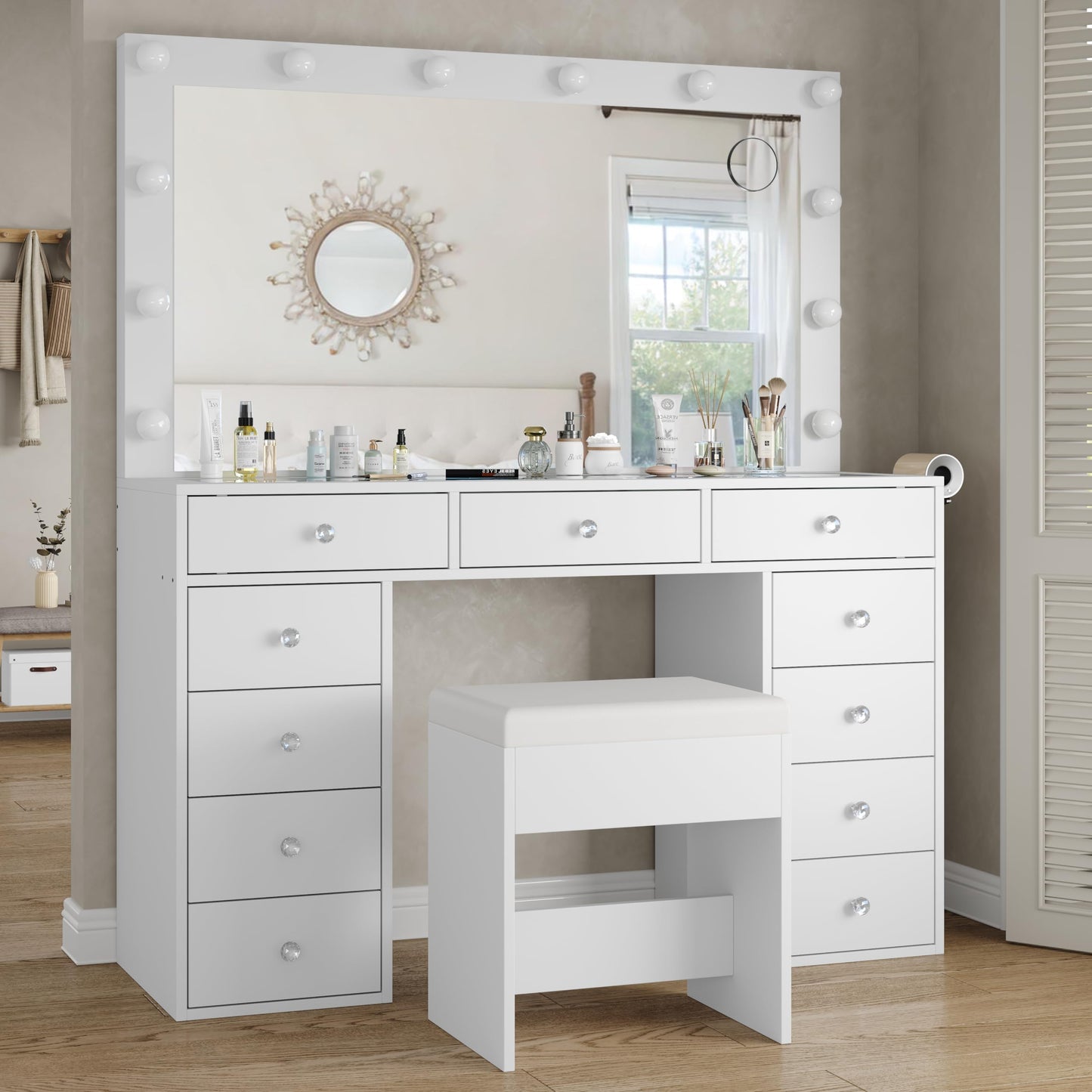 Yanosaku Vanity desk & Power Outl, Makeup Vanity with Mirror and 12 LED Lights, Makeup Table with 11 Drawers, Vanity Table with Chair，Vanity Set 3 Lighting Modes Brightness Adjustable-(White) - WoodArtSupply