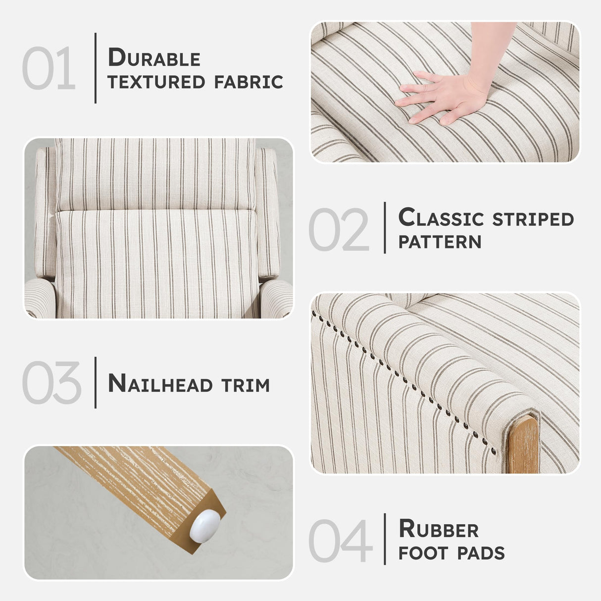 Lexicon Pushback Recliner Chair, Striped Textured Fabric Accent Armchair, Push Back Recliner, Nailhead Trim, Solid Wood Legs, Easy Assembly for Living Room/Office/Apartment, White/Grey Lexicon